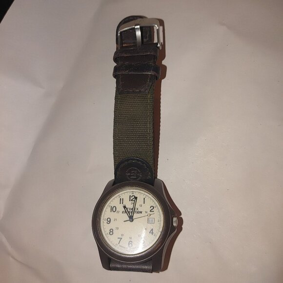 Timex Expedition Mens Watch Vintage Camper Brown Leather Green Fabric Strap 39mm - Picture 9 of 11
